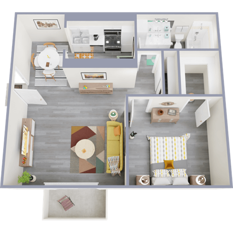 a 3d rendering of our 1 bedroom apartment at princeton court apartments in dallas